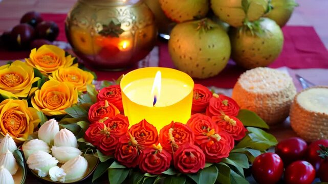Navratri Puja: Illuminated Diya with Marigold Flowers