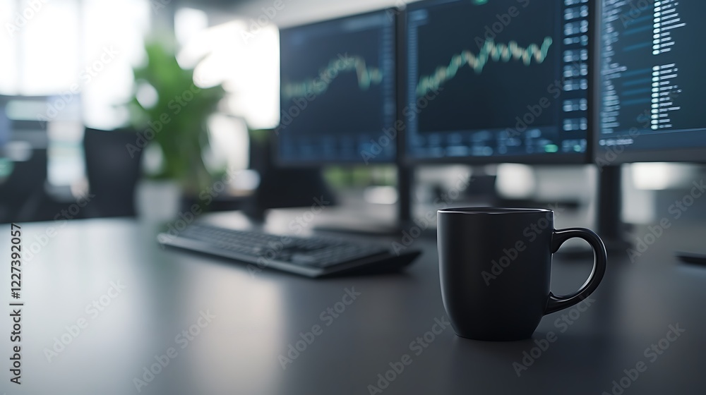 Poster high-tech trading desk featuring multiple monitors for a modern financial workspace.