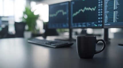 High-tech trading desk featuring multiple monitors for a modern financial workspace.