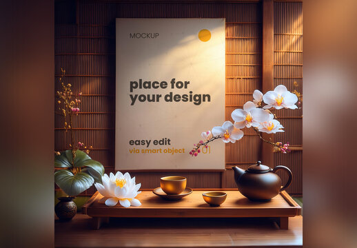 Tea Ceremony with Flowers Poster Mockup in the Back