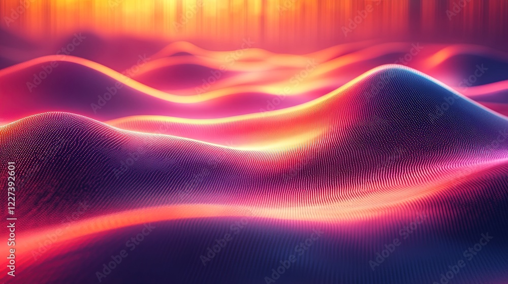 Poster glowing digital landscape with colorful waves and data flow background