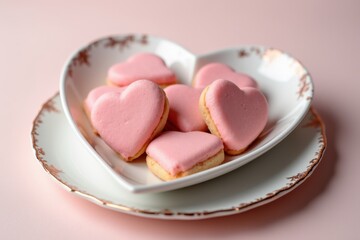 Heart-shaped pink-frosted cookies on an elegant porcelain plate with rose gold accents, delightful dessert concept.