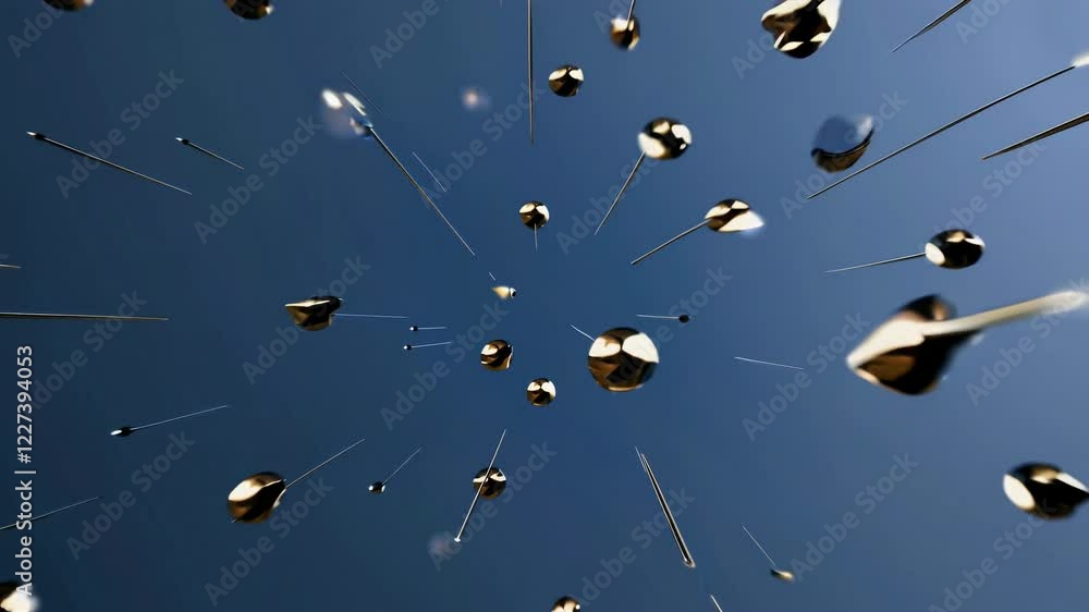 Poster golden liquid abstract shape exploding with connected droplets on a blue background, creating a visu