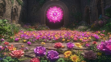 Magical garden gate, fantasy castle, vibrant flowers,  sunlit scene, game background