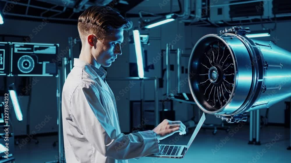 Poster engineer analyzes data in high-tech laboratory with advanced machinery and digital displays