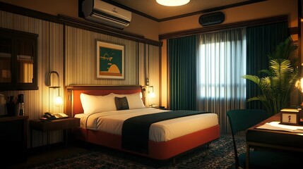 A hotel room with a luxurious feel, featuring a wall-mounted air conditioner blending seamlessly with the interior.