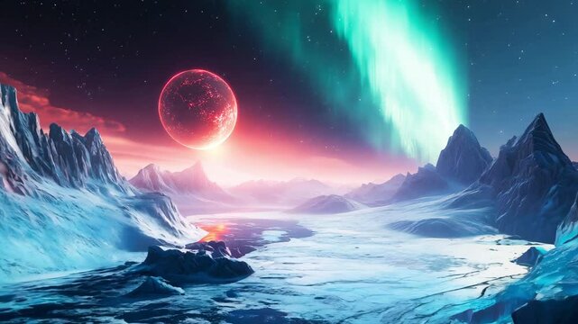Sci-Fi Ice World with a Distant Fiery Planet - made with Generative AI