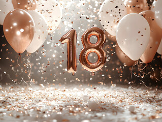 18th Birthday Celebration Concept with Balloons, Cake, and Number 18