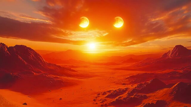 Drone View of an Alien Planet with Twin Suns at Sunset - made with Generative AI