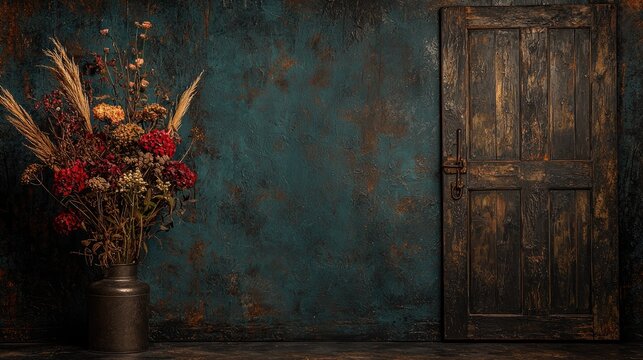 Dried flowers vase rustic door background