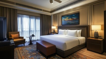 Fototapeta premium A hotel room with a luxurious feel, featuring a wall-mounted air conditioner blending seamlessly with the interior.