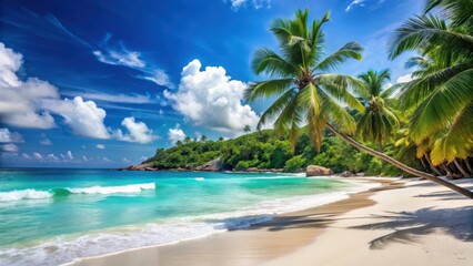 Obraz premium Tranquil turquoise sea and powdery white sand on a Seychelles beach with gentle swaying palm trees and rolling waves in the distance, waves, palm trees