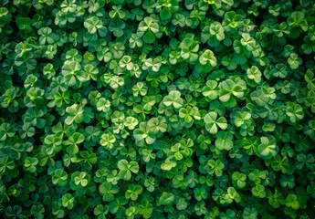 A close up of green clovers. The image is of a lush green field with many clovers