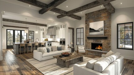 Fototapeta premium Modern living room with rustic elements, featuring a cozy fireplace and snowy landscape outside