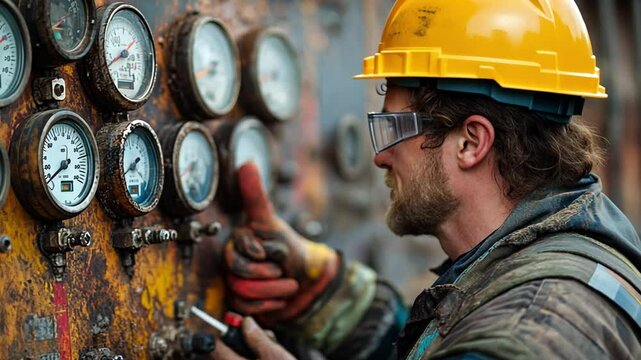 Precision and Focus: A close-up shot of a determined worker wearing a safety helmet and protective glasses, intently monitoring gauges on a control panel in a gritty industrial setting.