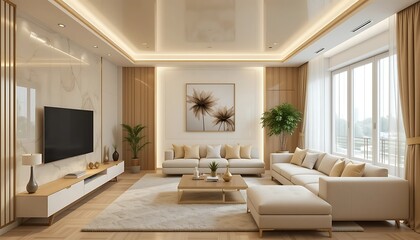 Fototapeta premium Modern Beige Living Room Interior Design With Large Sectional Sofa