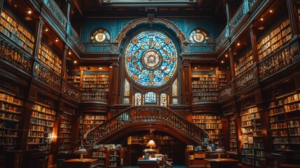 Obraz premium Grand library, stained glass, bookshelves, research, learning, interior