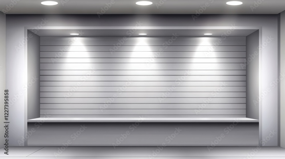 Poster minimalist digital vector illustration of an empty white store display with modern lighting and slee