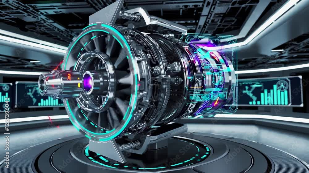 Poster discover advanced technology with a rotating holographic engine model in a futuristic lab setting in