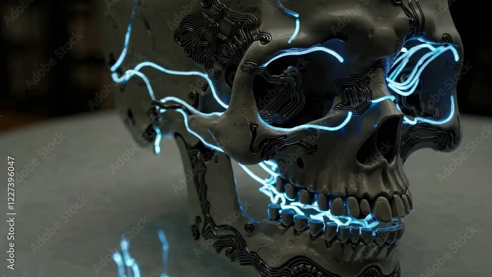 Poster metallic skull adorned with intricate neon blue circuit patterns, blending technology and art. the g