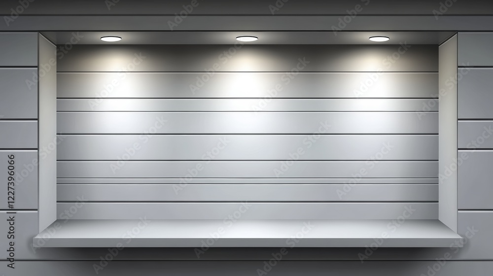Poster empty white store display shelf with three spotlights ideal for showcasing products in a minimalist 