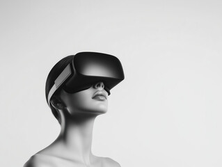 An Individual Immersed in a Digital Experience: The Striking Contrast of Virtual Reality Glasses Against a Plain White Background