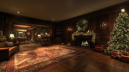 Fototapeta premium Cozy holiday living room adorned with festive decorations, glowing fireplace, and gifts