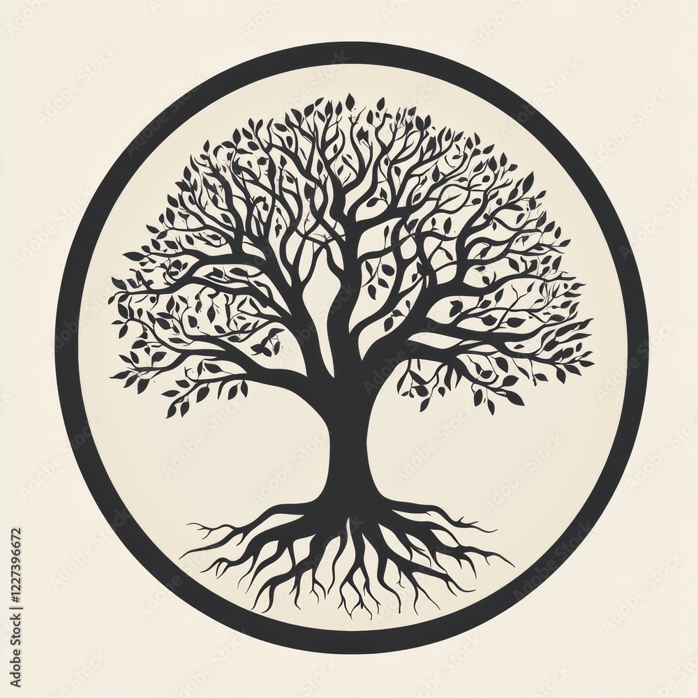 Poster symbolic tree of life displaying intricate branches and roots on a light background during midday. g
