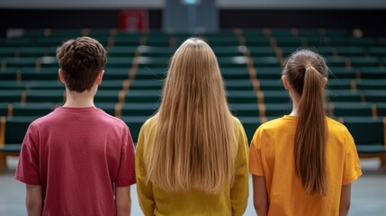 Fototapeta premium Three individuals stand together facing a seating area, highlighting themes of youth, collaboration, and anticipation.