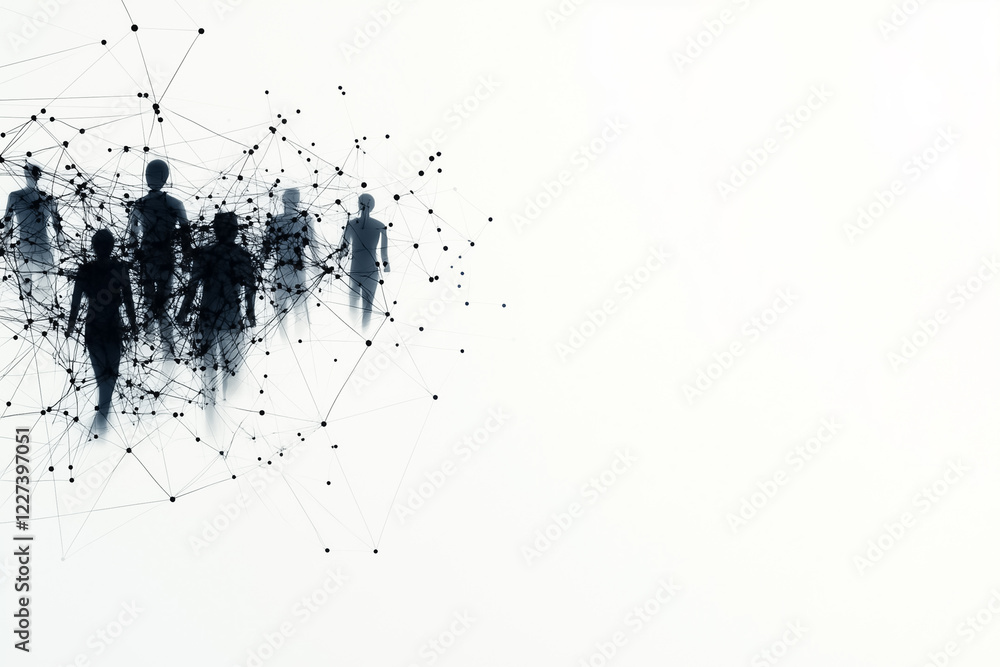 Poster thin outlines of figures are linked by simple lines in a neutral setting bathed in soft midday light