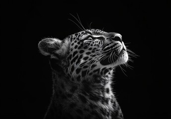 Obraz premium A black and white photo of a young leopard with its head tilted to the side