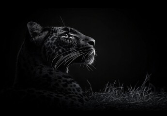 Obraz premium A black and white photo of a jaguar laying down in the grass