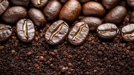 Roasted coffee beans closeup on a bed of finely ground coffee, showcasing the rich textures and warm tones, ideal for coffee lovers