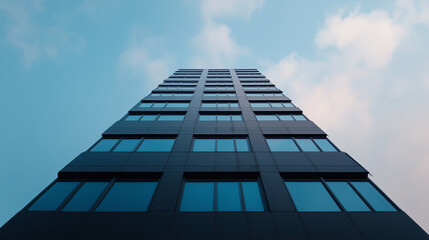 Modern skyscraper with glass windows against blue sky.