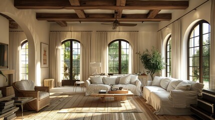 Cozy living room with wooden beams, large windows, and natural light highlighting decor