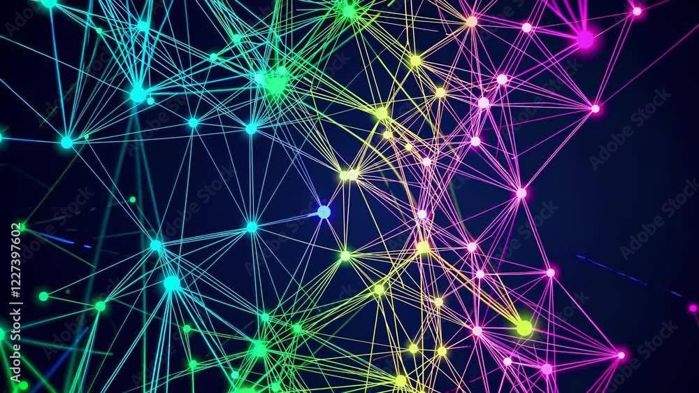 Poster dynamic display of interconnected neon lines and nodes forming a complex network on a dark backgroun