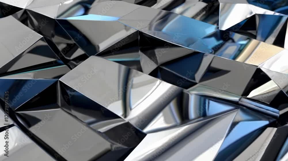 Poster shiny metallic surface featuring sharp geometric facets and reflective textures, creating an abstrac