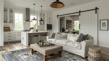 Modern living room with cozy decor, stylish kitchen, and natural light streaming in