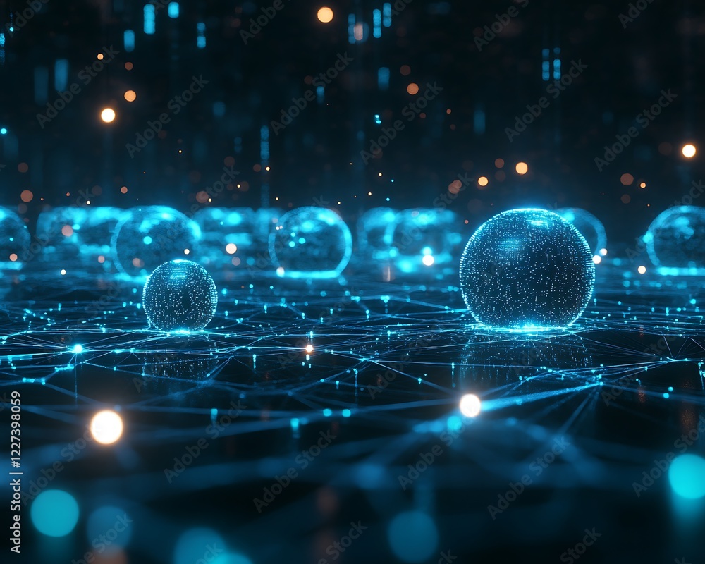 Poster A futuristic visualization depicting blockchain nodes and their global connections.