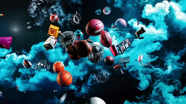 A bunch of different types of sports equipment flying through the air - Powered by Adobe
