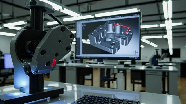 Advanced engineering workstation featuring precision measurement equipment and 3D modeling software