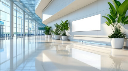 Fototapeta premium modern indoor space featuring large windows, bright lighting, and potted plants, ideal for showcasing advertisements or information