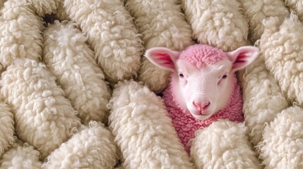 Naklejka premium Serene Pastel Pink Lamb with Beautiful Fluffy Fur, Grazing Peacefully Among White Sheep on Farm