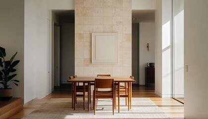 Fototapeta premium A minimalist dining area featuring wooden furniture, neutral tones, and a stylish design, creating a calm and inviting atmosphere.