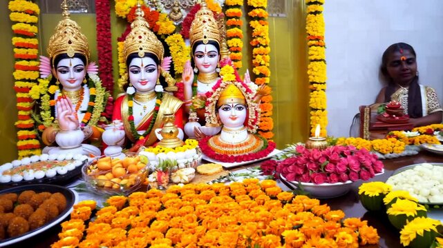 Chhath Puja Blessings with Diya Lamps and Marigold Flowers