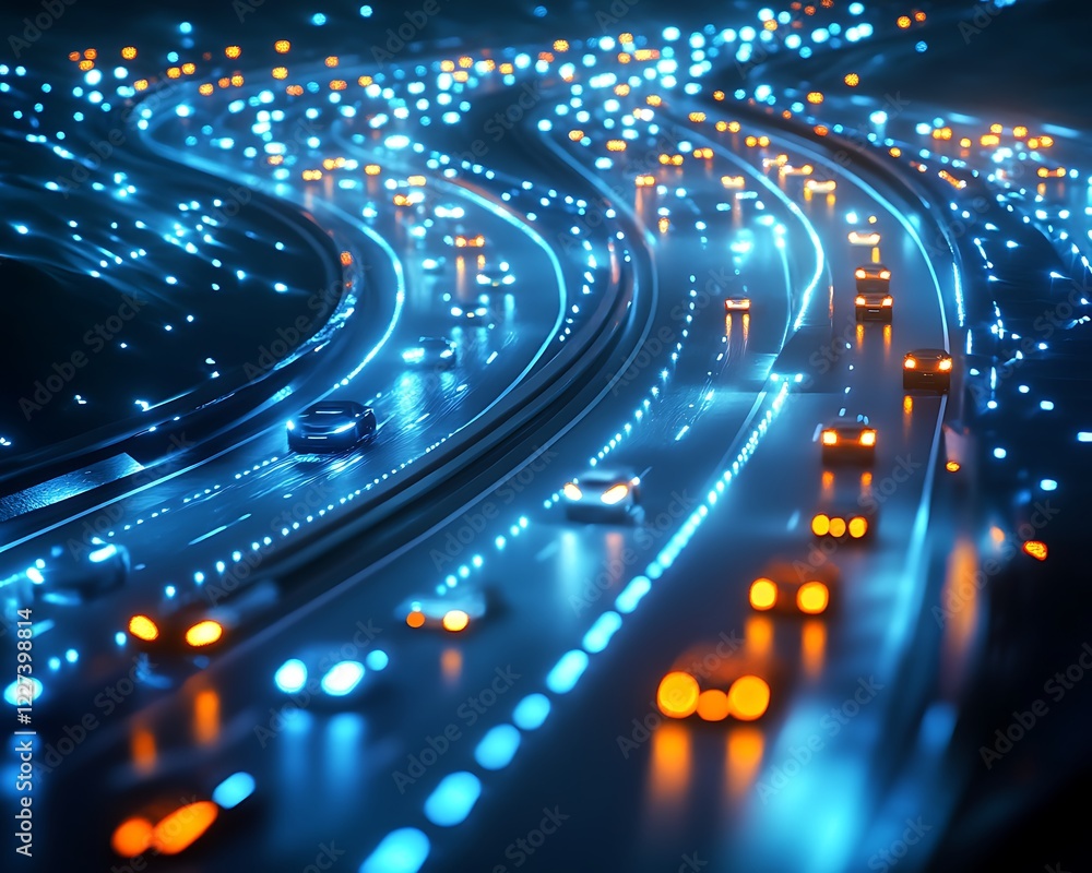 Aufkleber a futuristic highway scene featuring ai-controlled traffic, showcasing advanced technology and urban