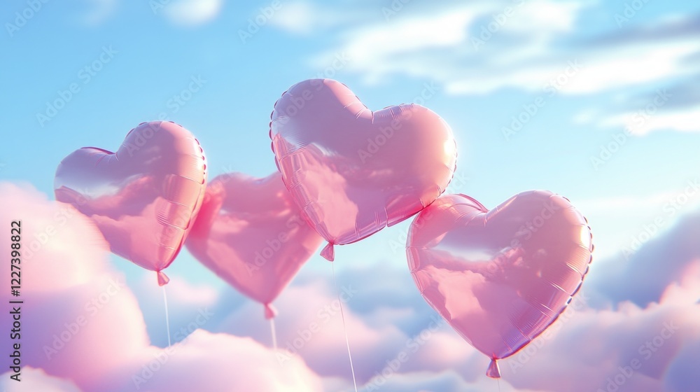 Poster a whimsical display of pink heart-shaped balloons drifts gracefully against a backdrop of fluffy clo