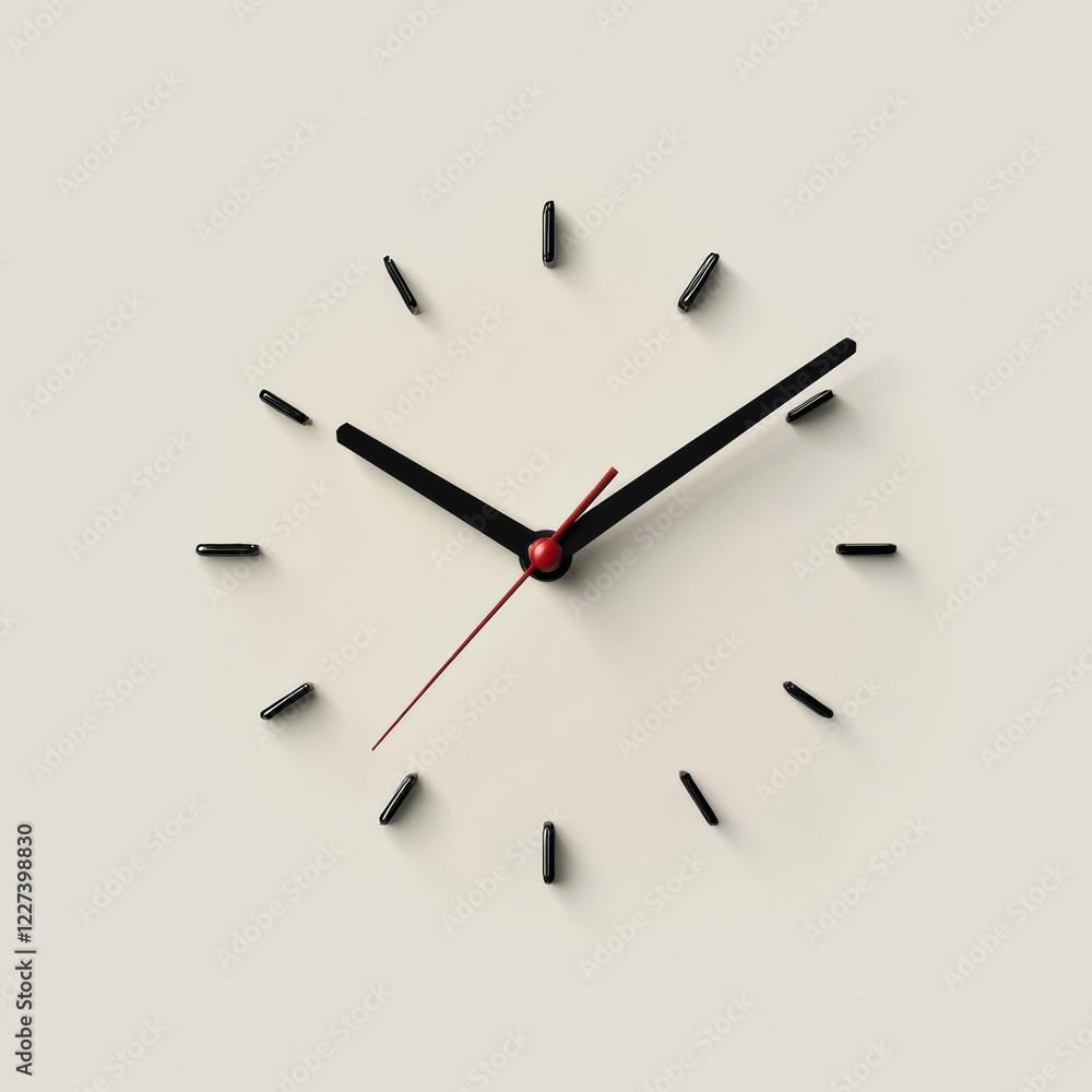 Poster modern wall clock displaying time with black hands and red seconds hand on a simple background. gene