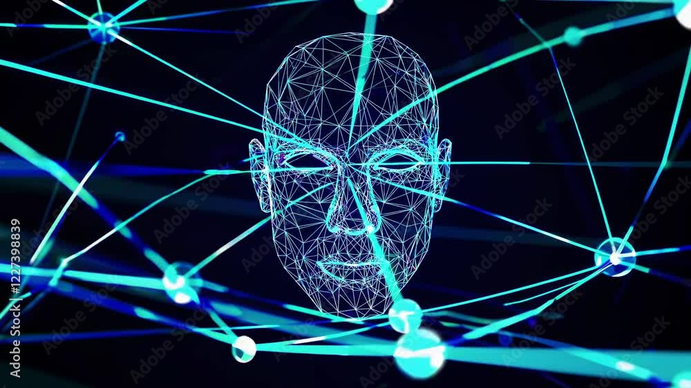 Poster digital wireframe face surrounded by glowing lines and nodes, representing artificial intelligence a