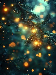 Fototapeta premium Glowing lights on pine branch in magical forest with bokeh background